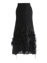 Luxury Designer Black Knit Maxi Skirt 3D Floral Appliqué Elastic Waistband Evening Wear